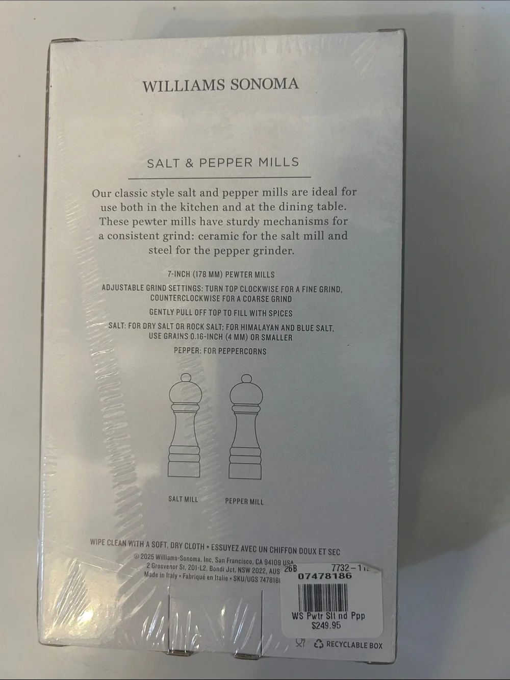 Williams Sonoma Pewter Salt and Pepper Mills - Silver Finish Set